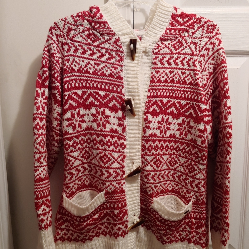 Avalanche Knitted Button Up Red & White Holiday Print Hoodie Sweater